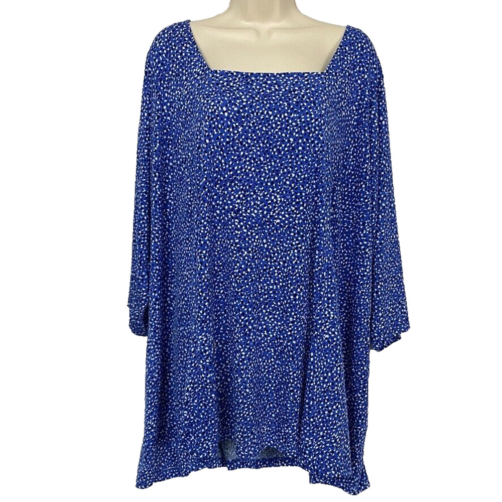 Susan Graver Liquid Knit Top Womens 4X Blue Polka Dot Square Neck Elbow Sleeve